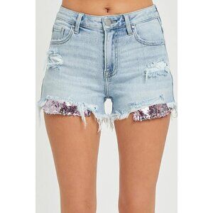Kayden High Rise Sequin Pocket Light Denim Shorts RDS6124